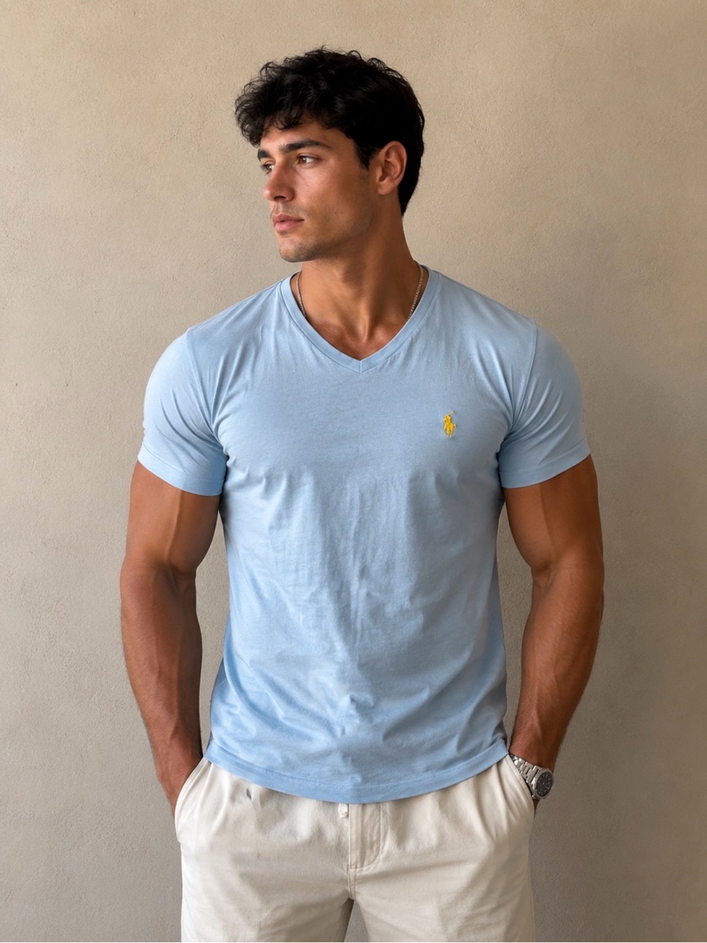 Polo by Ralph Lauren Pale Blue V-Neck Tee with Yellow Polo Patch